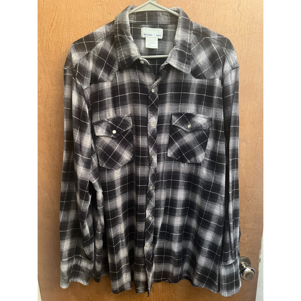 Wrangler Wrancher Western Shirt Mens XXL Flannel Plaid Black Pearl Snap